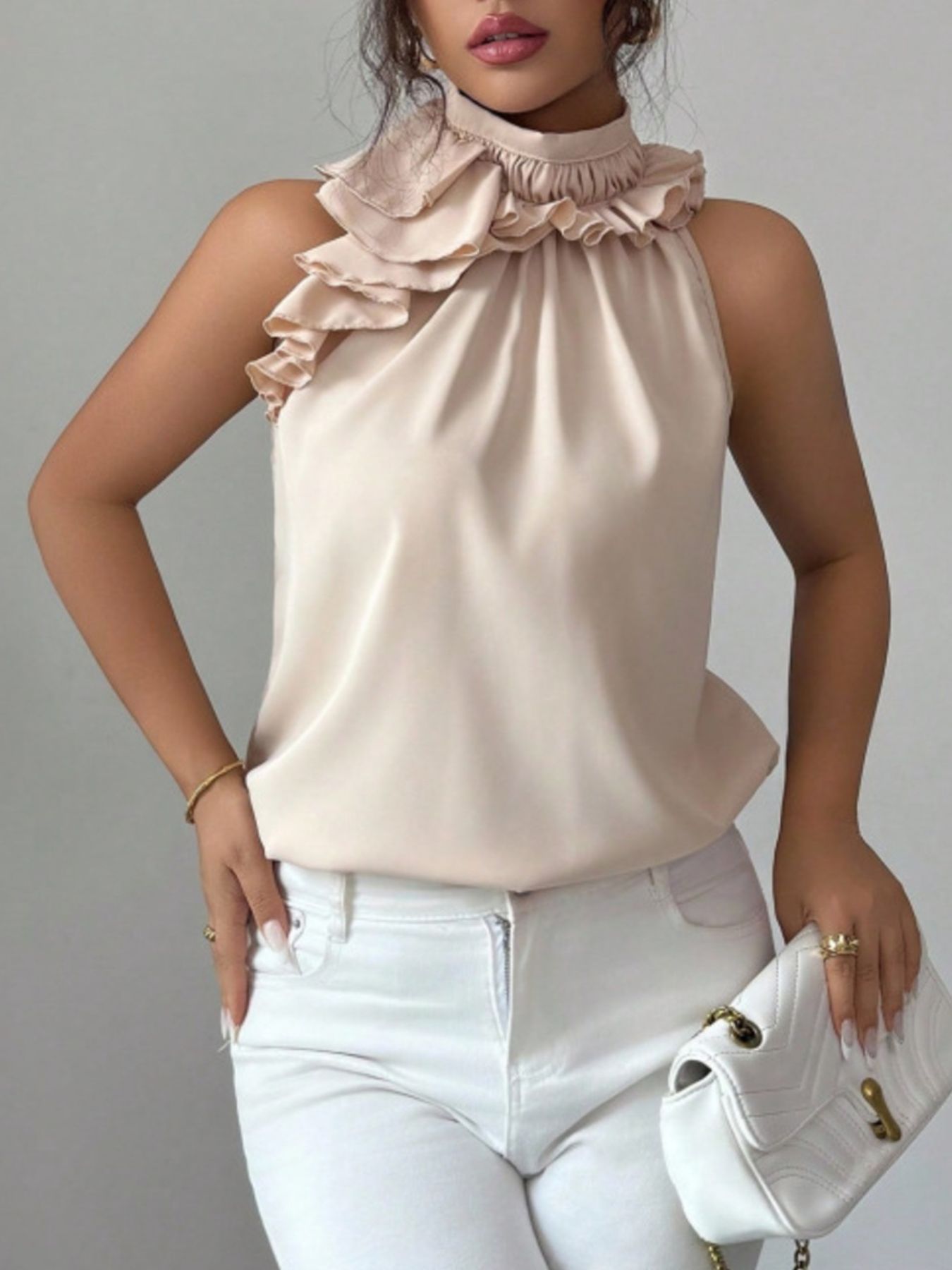 Ruffle High Neck Sleeveless Top