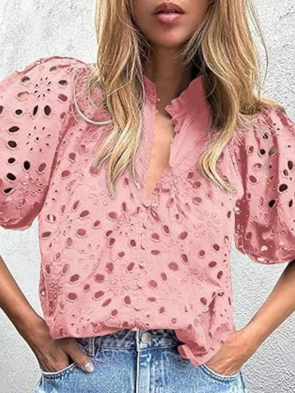 Eyelet Embroidered Puff Sleeve Blouse