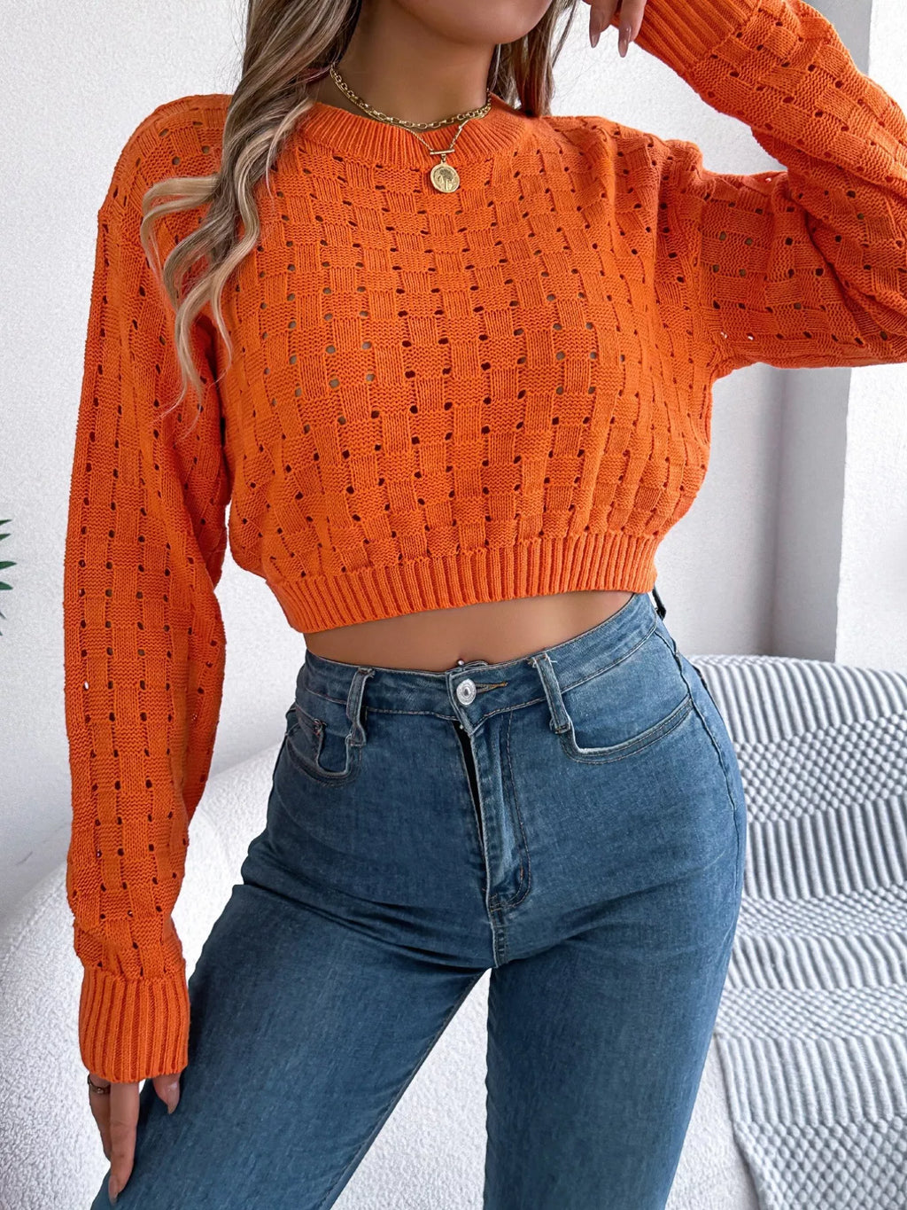 Cutout Back Openwork Round Neck Long Sleeve Sweater