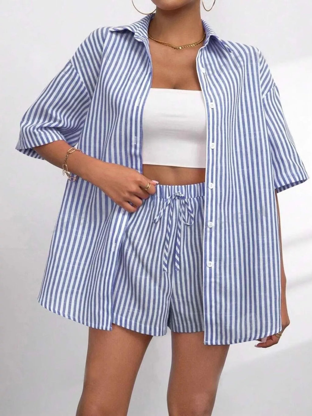 Striped Button Up Shirt and Shorts Casual Set