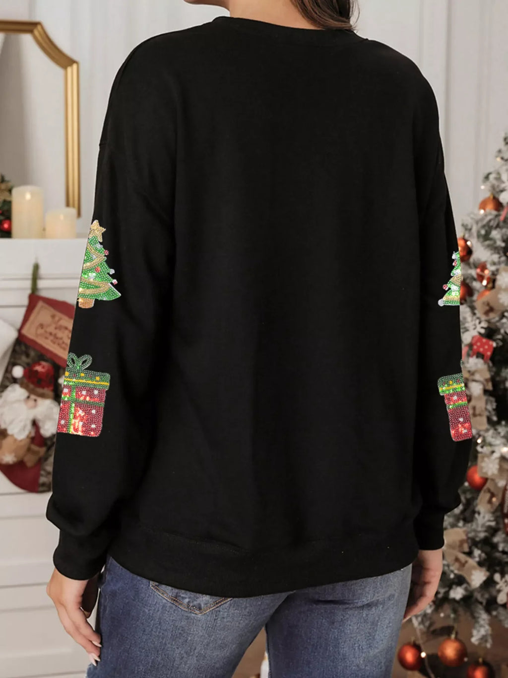 Sequin Christmas Trees Gifts Patched Drop Shoulder Sweatshirt