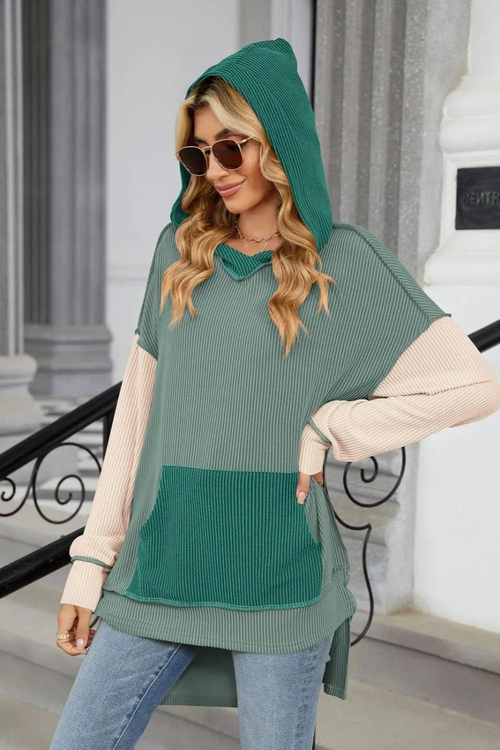Contrast Hooded Long Sleeve Top