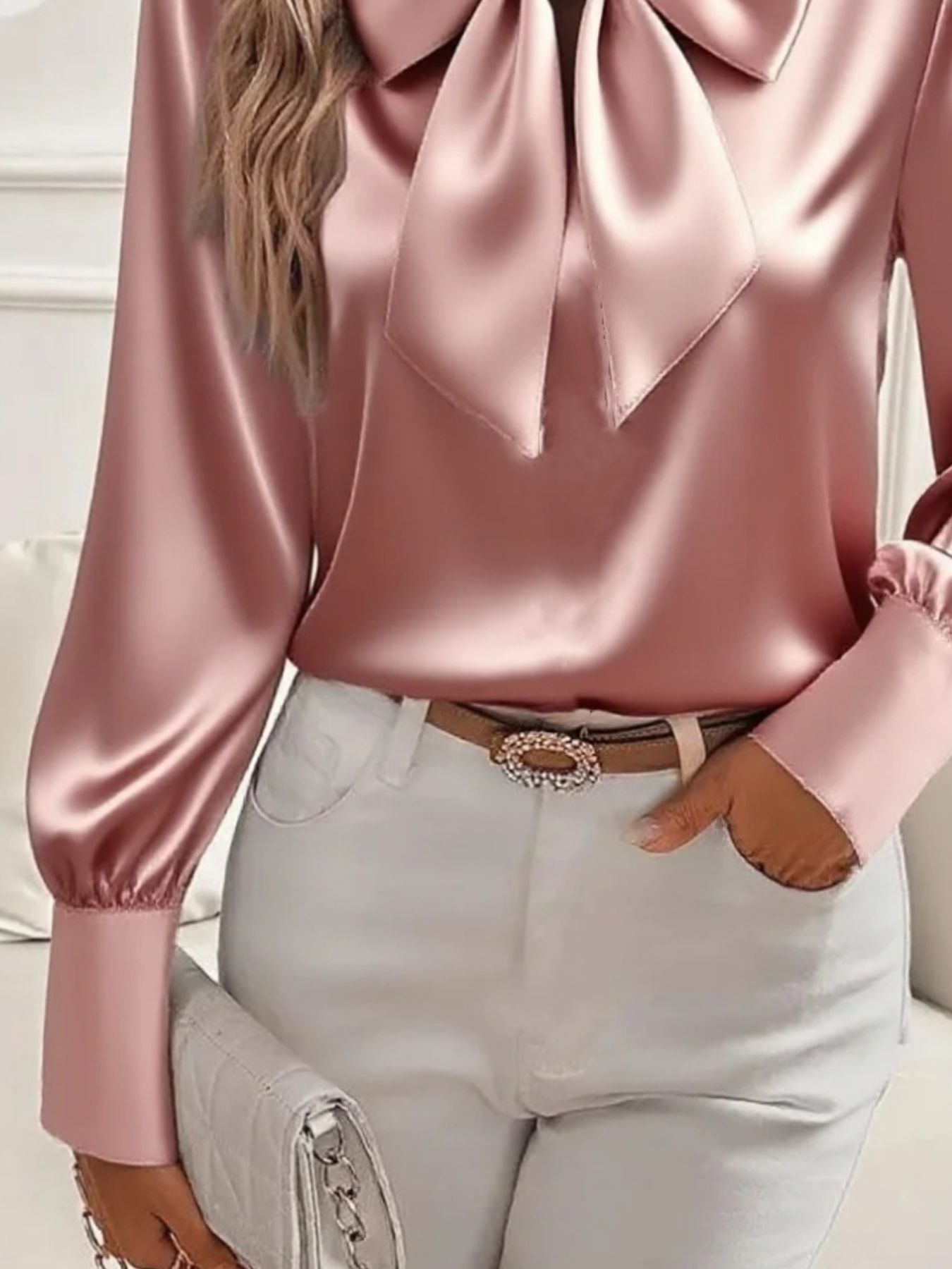 Satin Bow Tie Long Sleeve Top