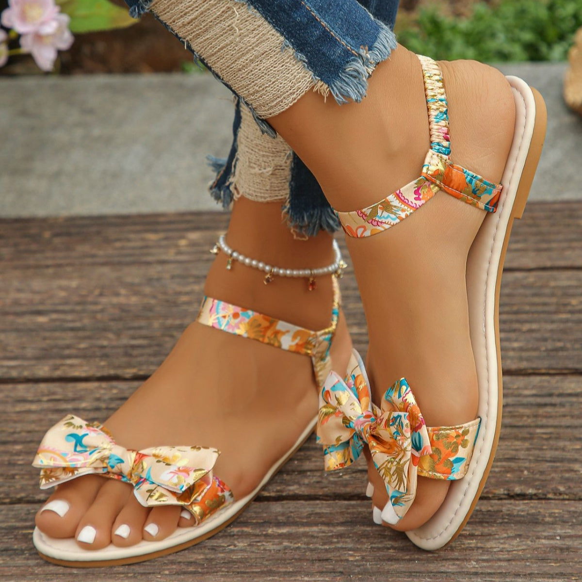 Floral Bowknot Ankle Strap Flat Sandals