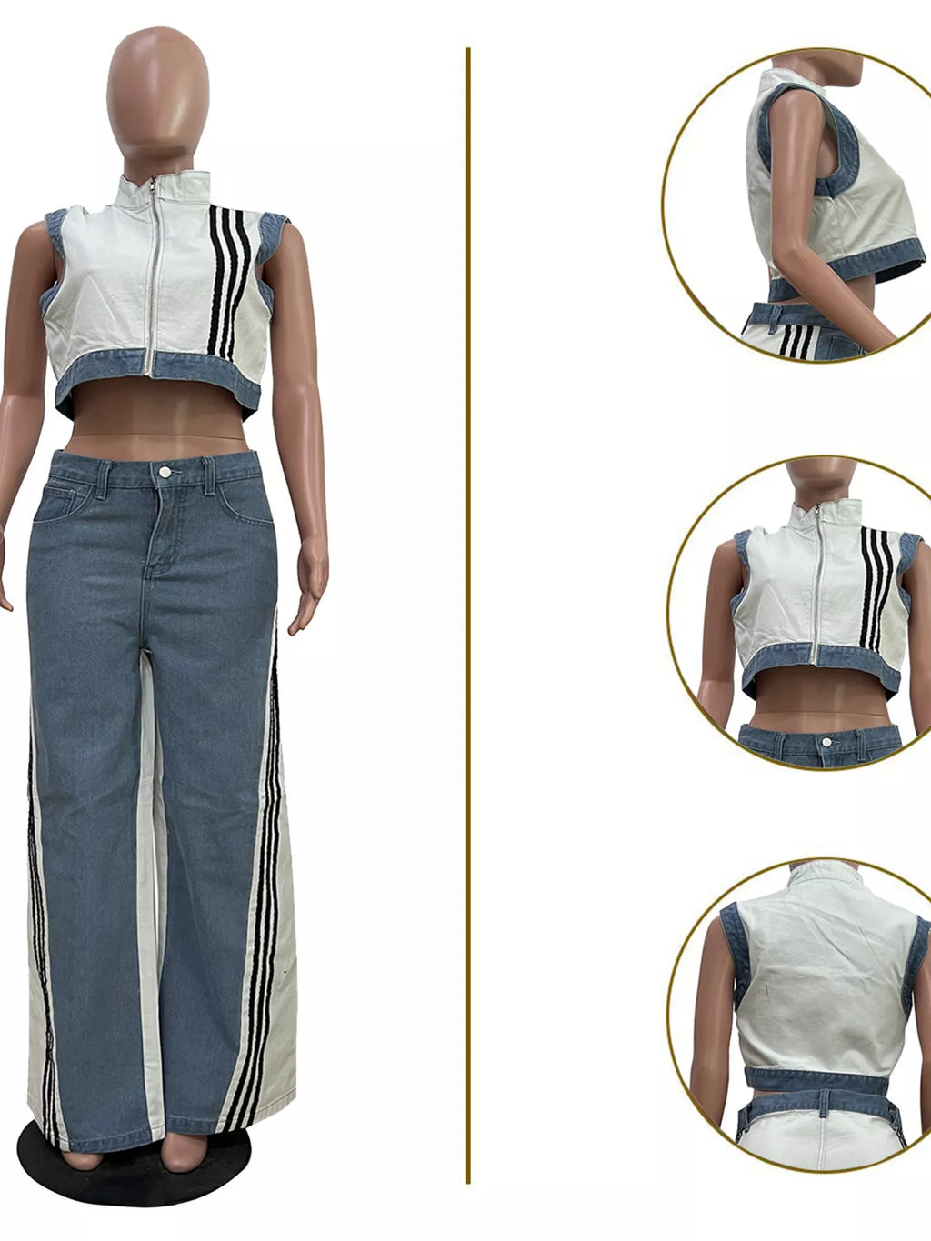 Zip Front Crop Top and Striped Pants Set