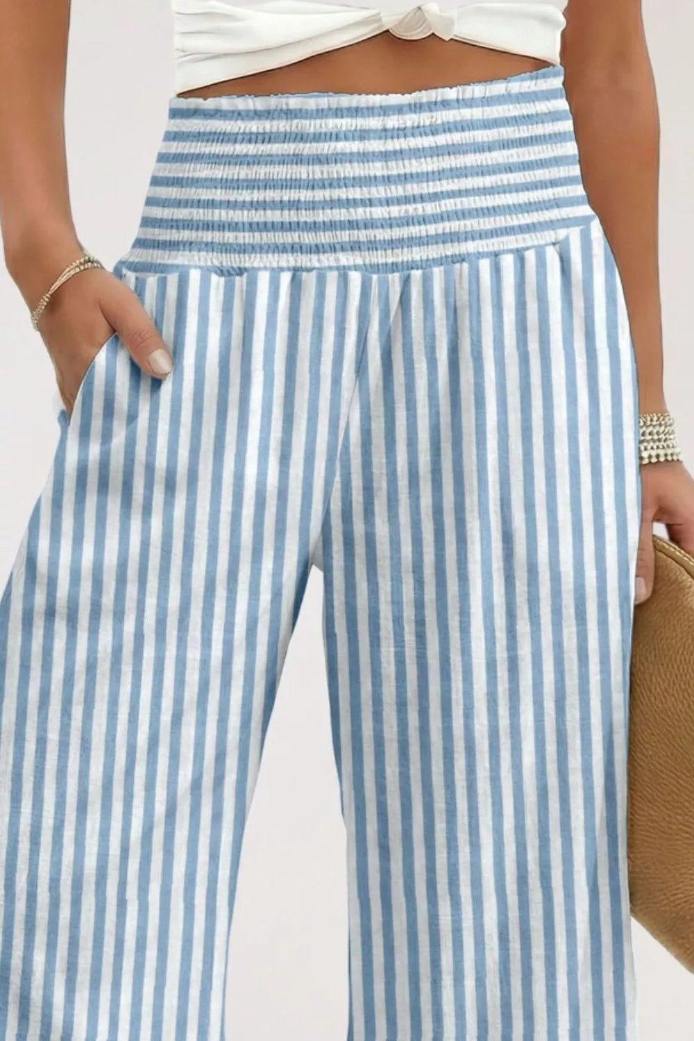 Striped Wide-Leg Pants with Smocked Waist