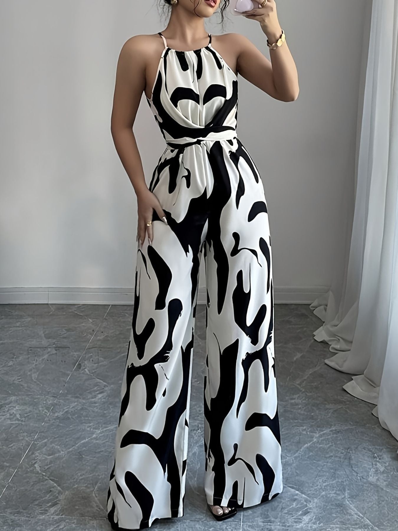 Abstract Print Sleeveless Wide Leg Jumpsuit
