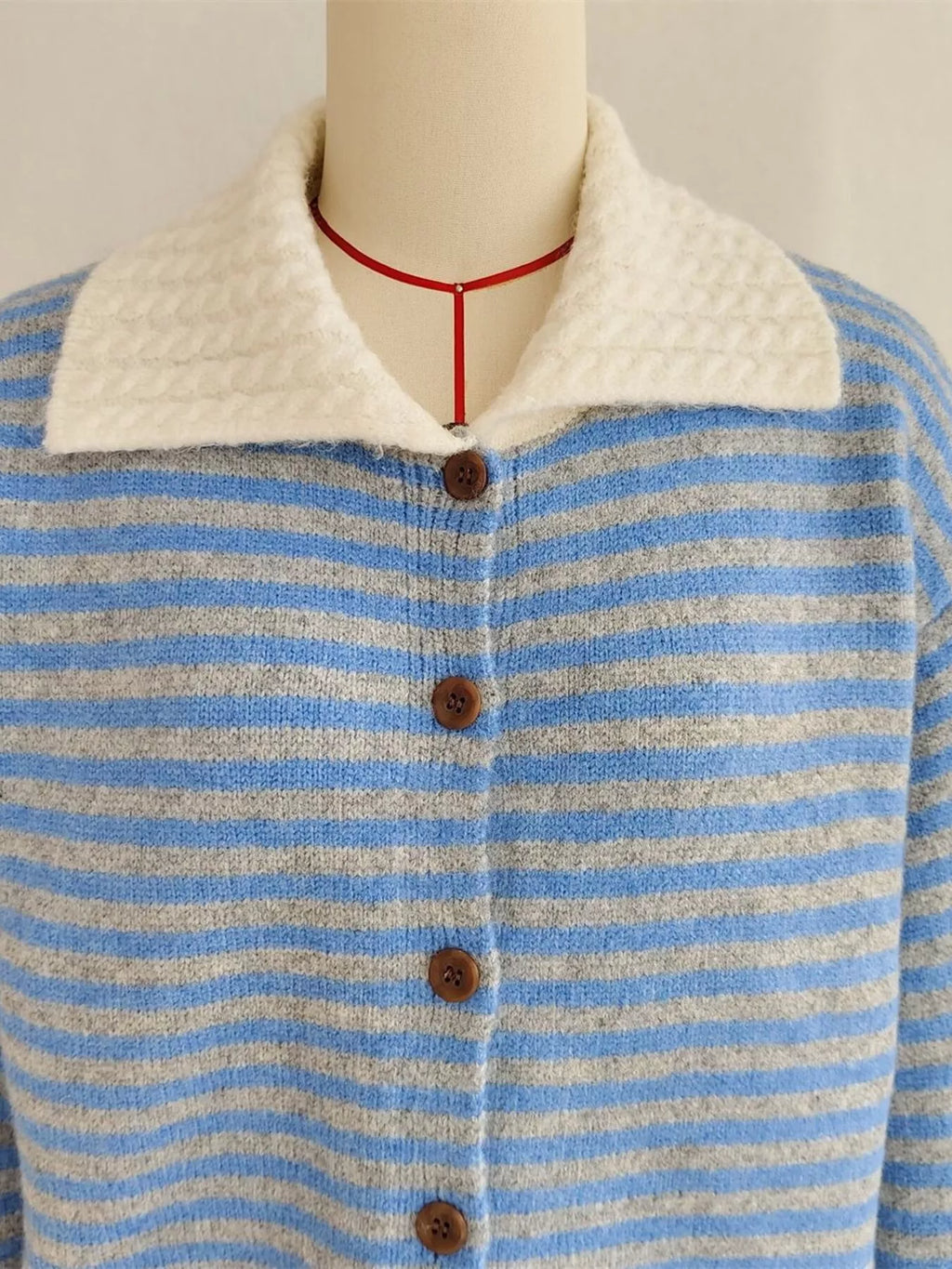 Striped Knit Button Down Cardigan with Collar
