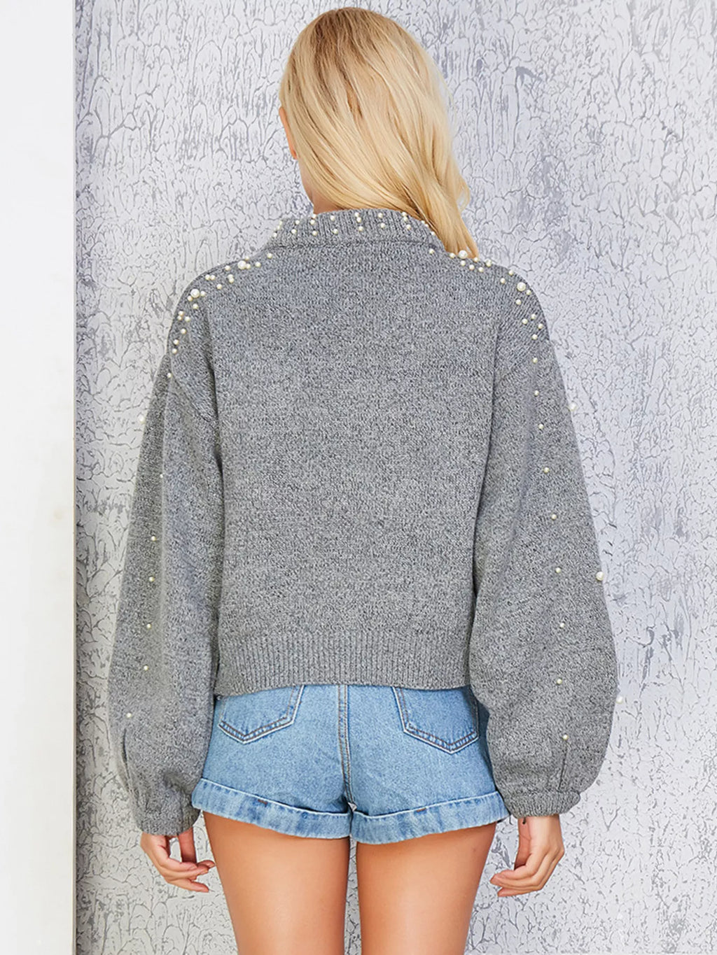 Pearl-Embellished Mock Neck Sweater