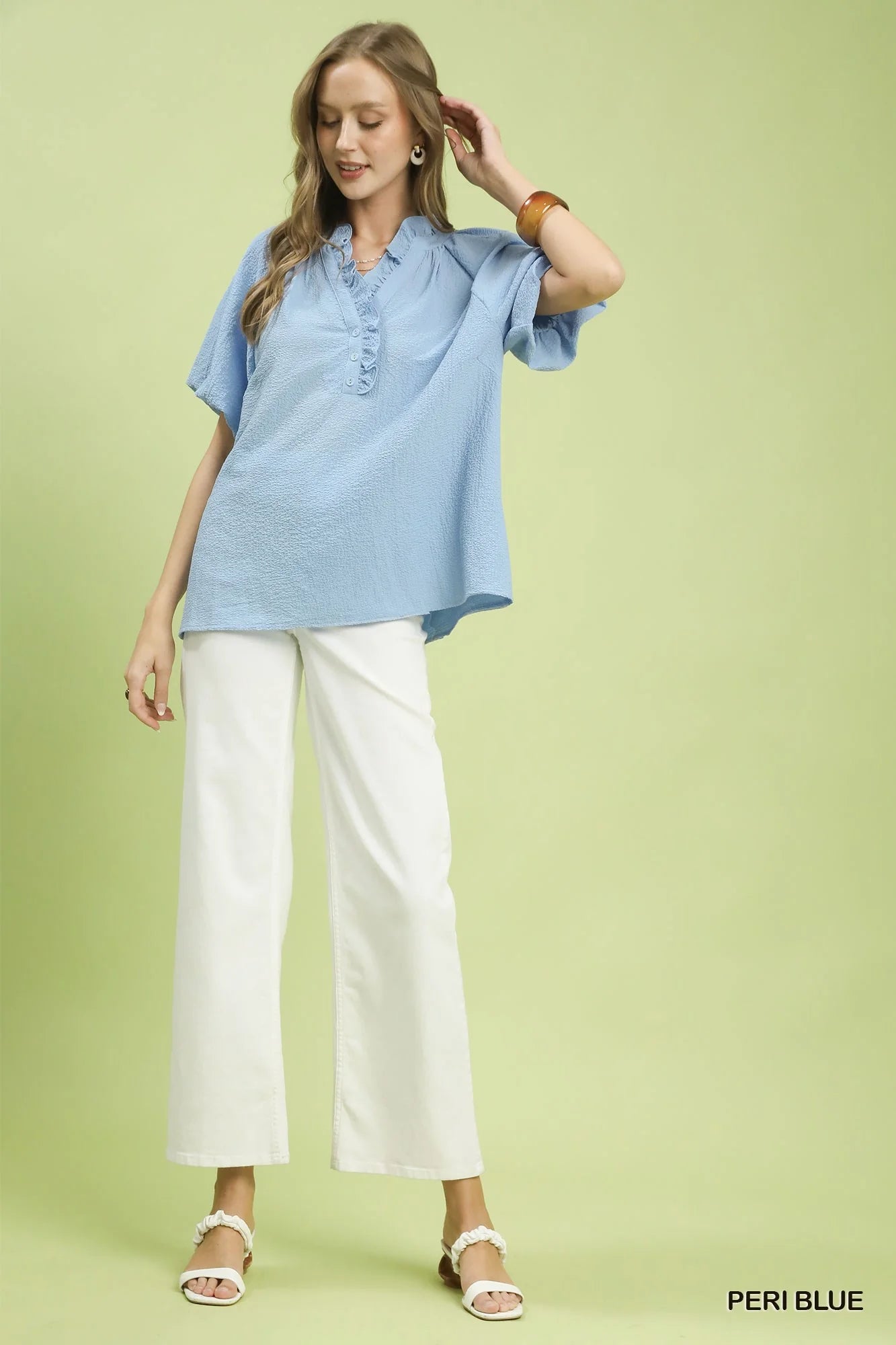 Umgee Puff Sleeve Ruffle Neck Tunic Blouse