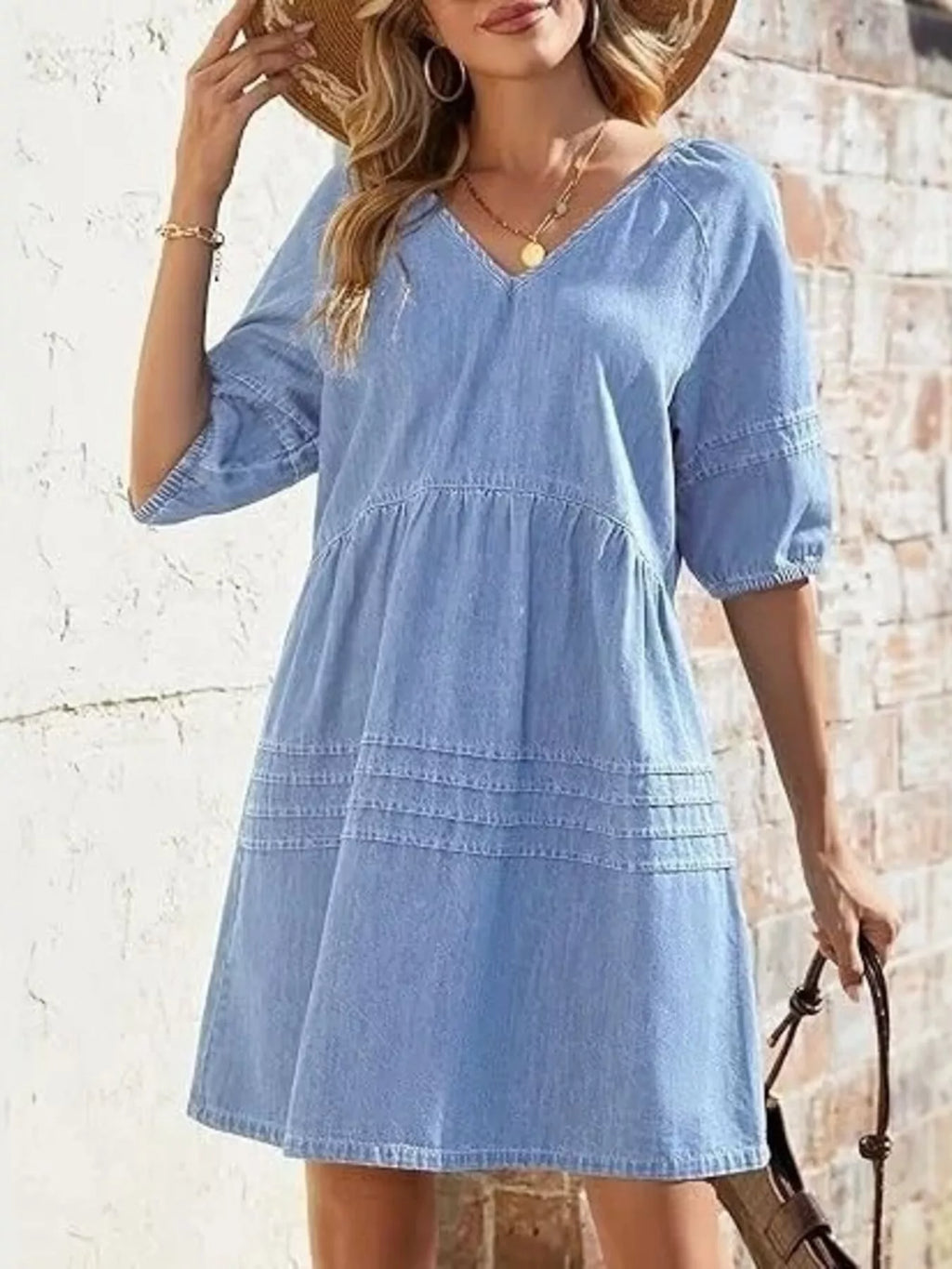 Casual V-Neck Puff Sleeve Denim Mini Dress