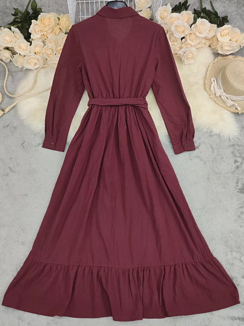 Tie Waist Long Sleeve Ruffled Hem Dress