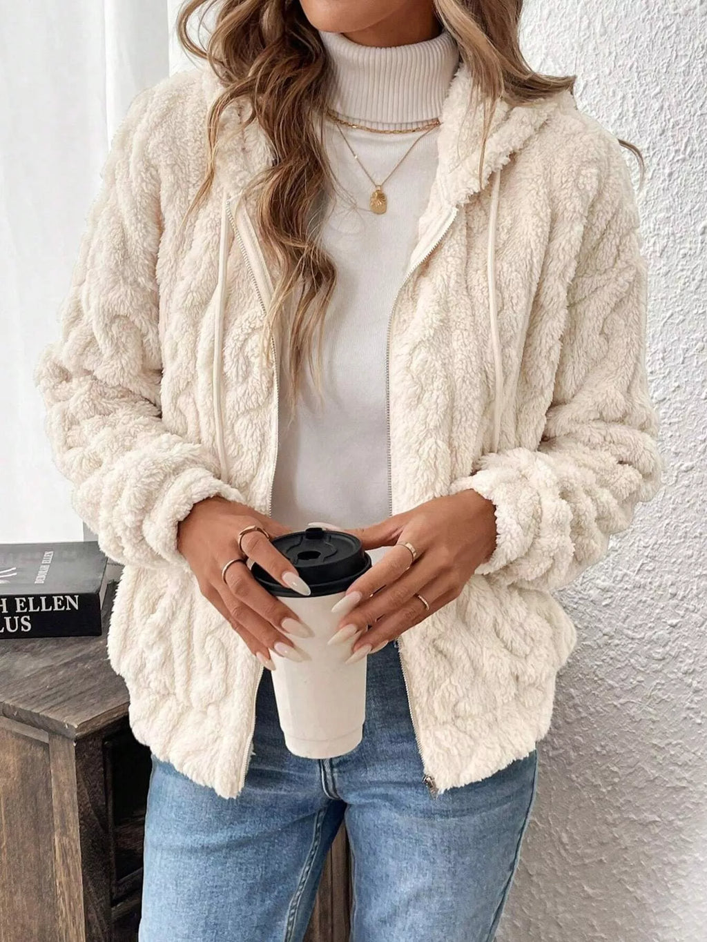 Drawstring Zip-Up Fleece Hooded Outerwear