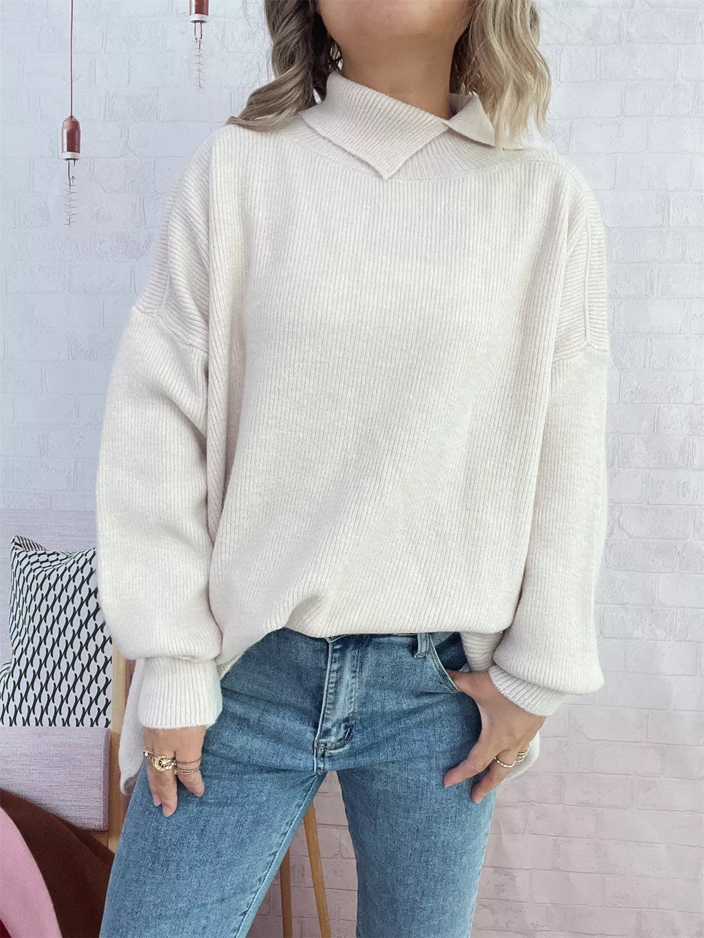 Slit Turtleneck Long Sleeve Sweater