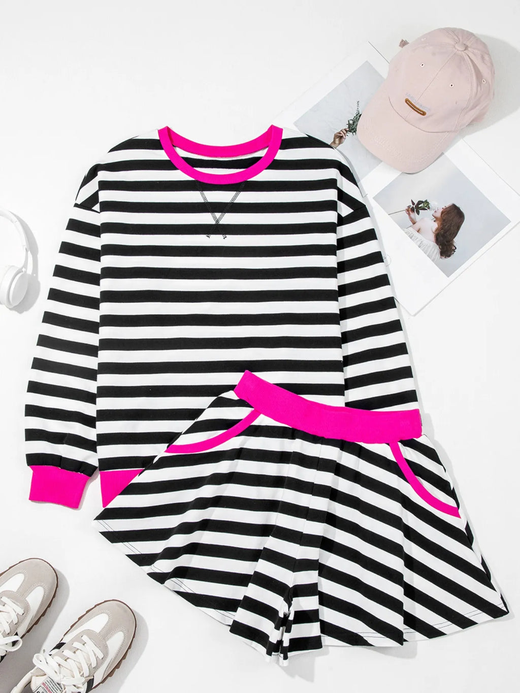 Stripe Contrast Ribbed Banding Long Sleeve Blouse and Loose Shorts Set