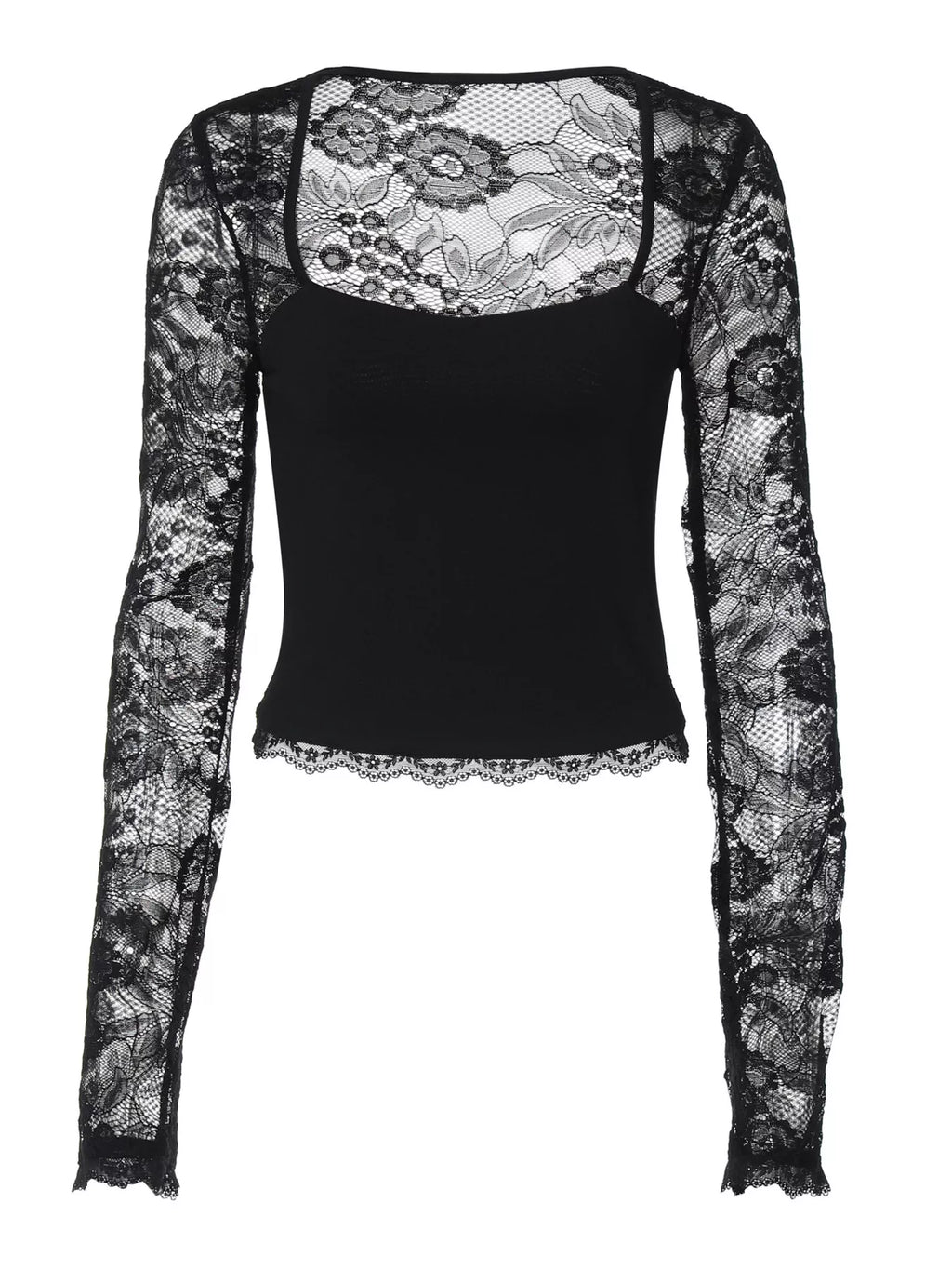 Sheer Lace Sleeve Square Neck T-Shirt