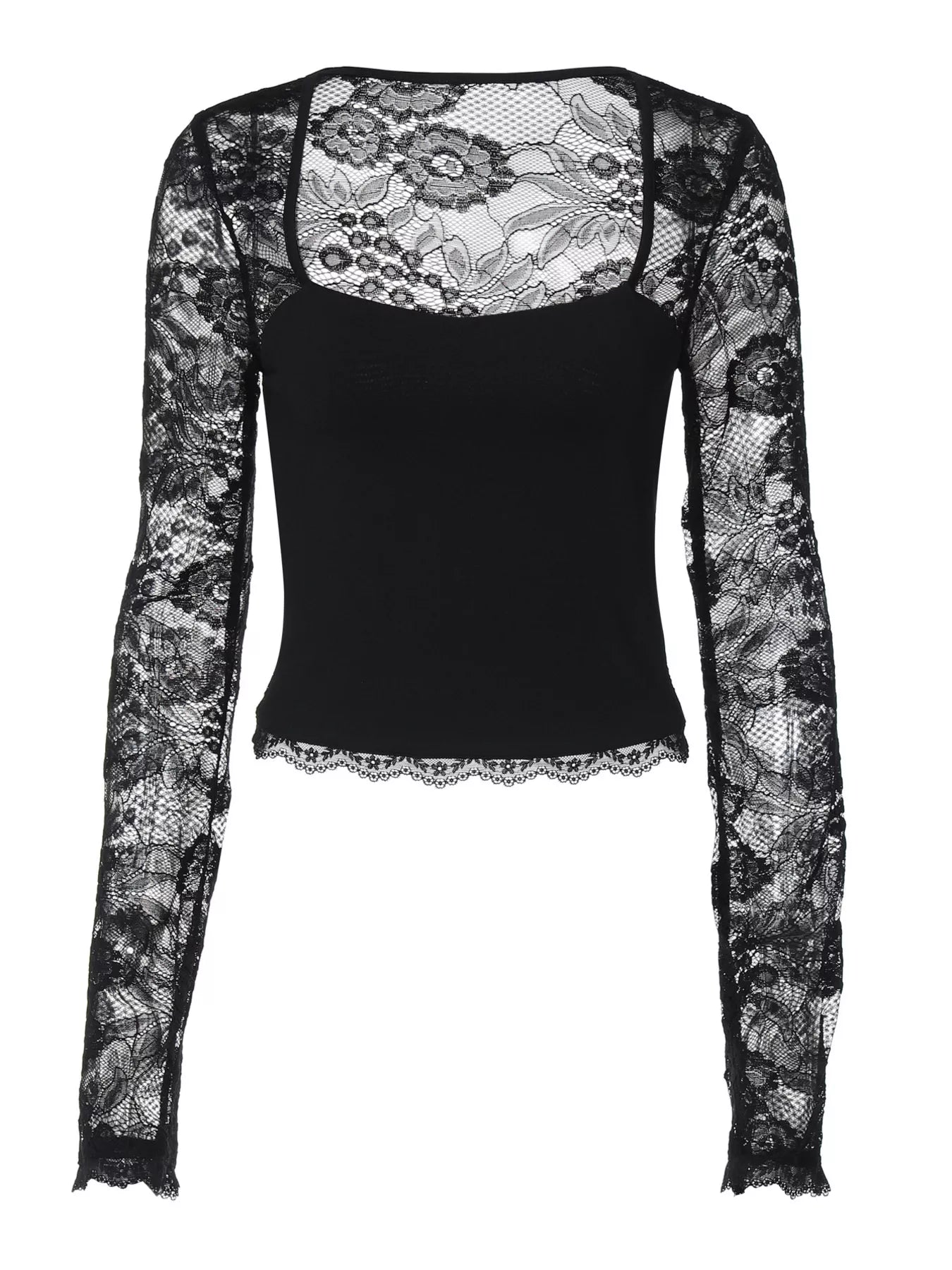 Sheer Lace Sleeve Square Neck T-Shirt