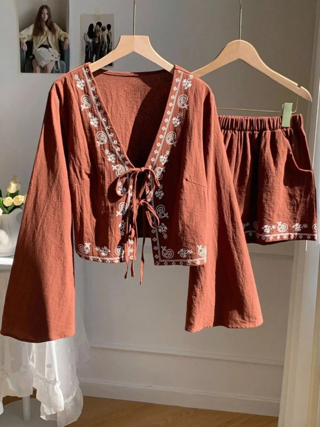 Embroidered Tie-Front Top & Shorts Set