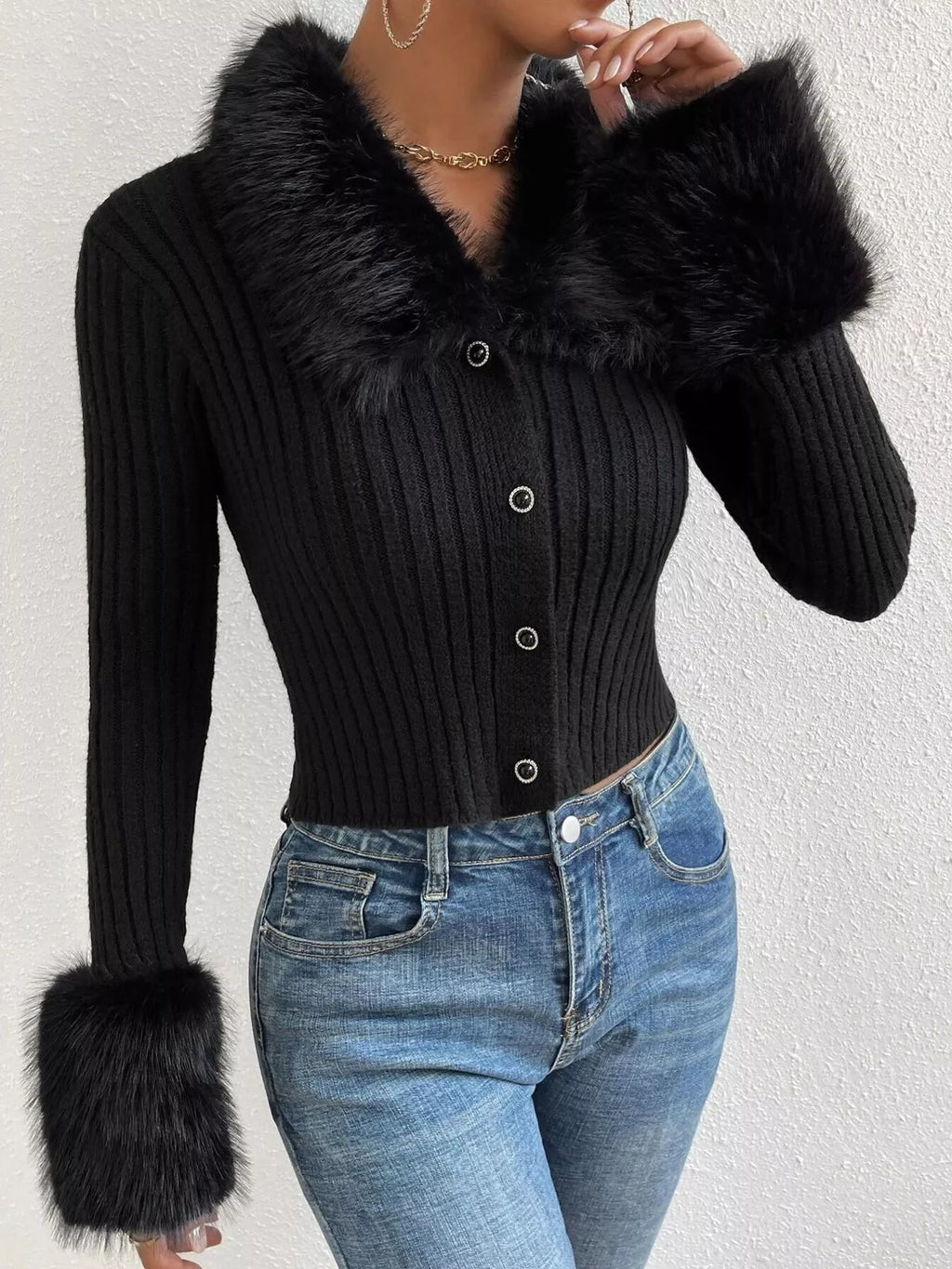 Faux Fur Trim Ribbed Knit Cropped Cardigan