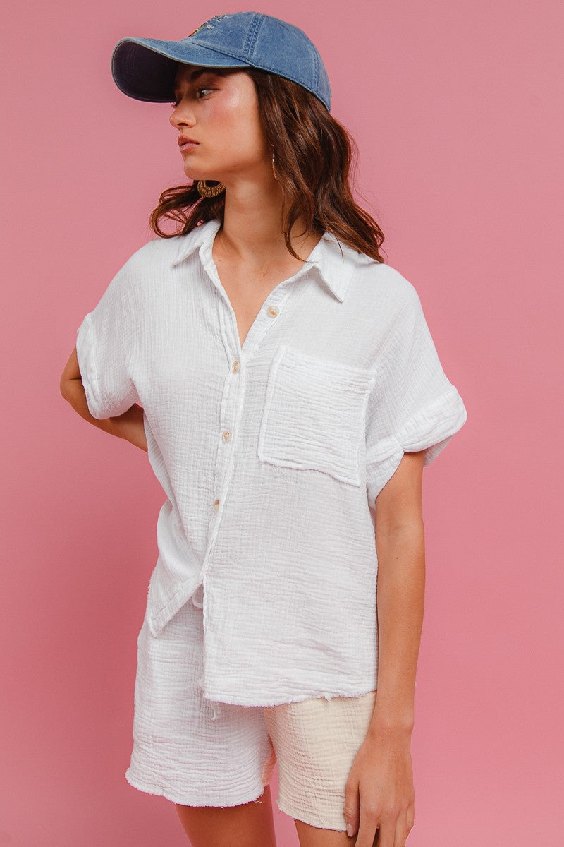 BiBi Wrinkled Gauze Solid Shirts Top and Shorts Set