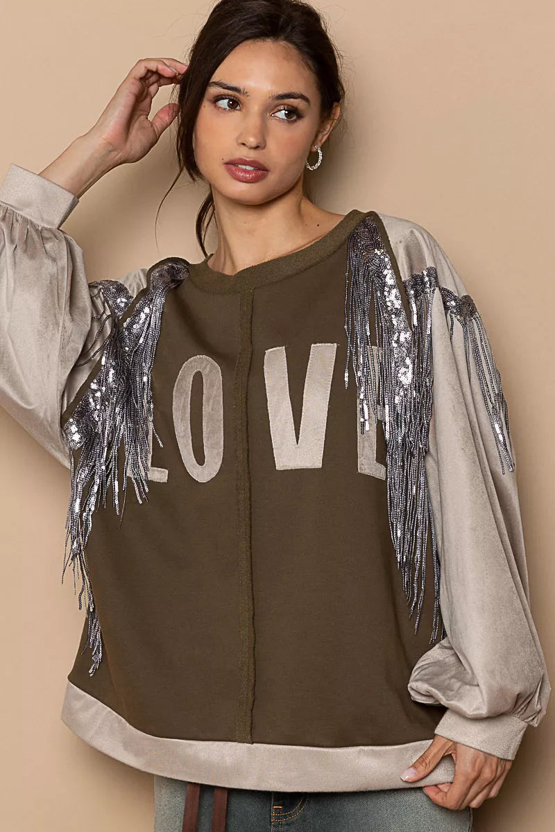 POL Balloon Sleeve French Terry Sweatshirt with Sequin Tassel