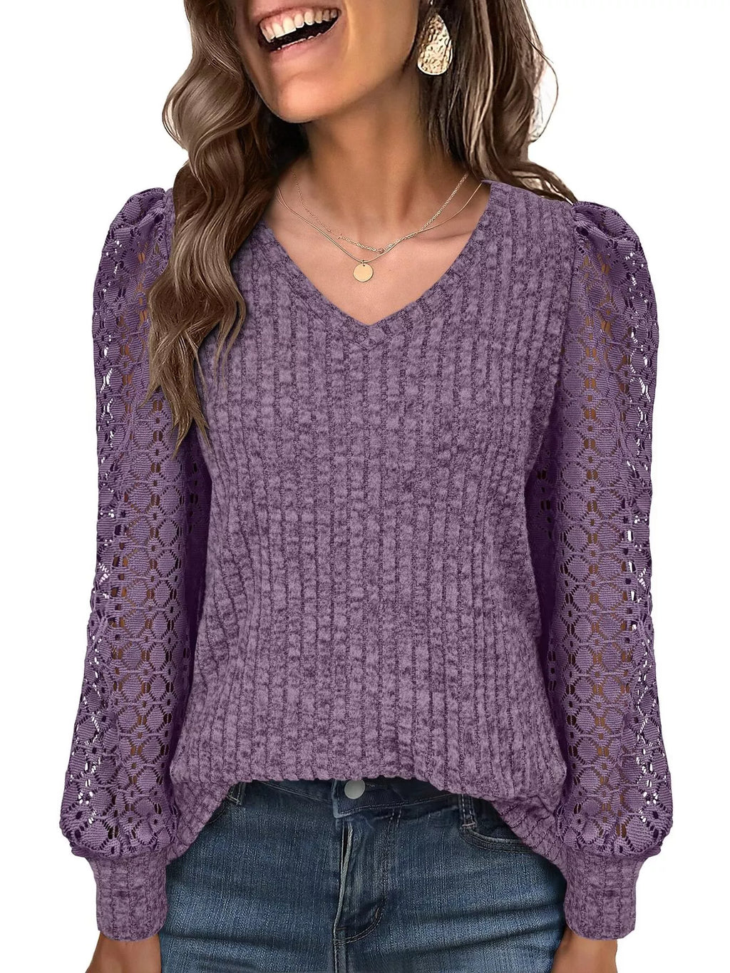 Lace Sleeve V-Neck T-Shirt