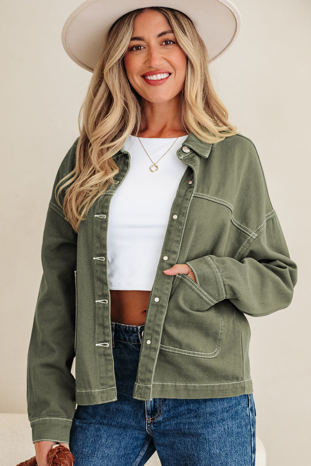 Denim Button-Up Patch Pocket Collared Jacket