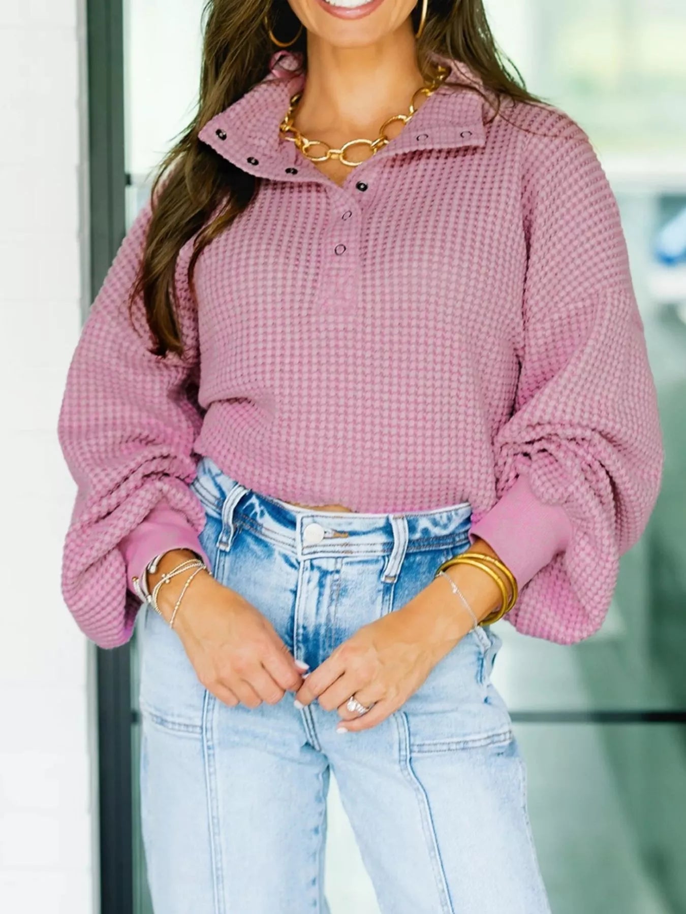 Textured Snap Button Collared Baggy Top