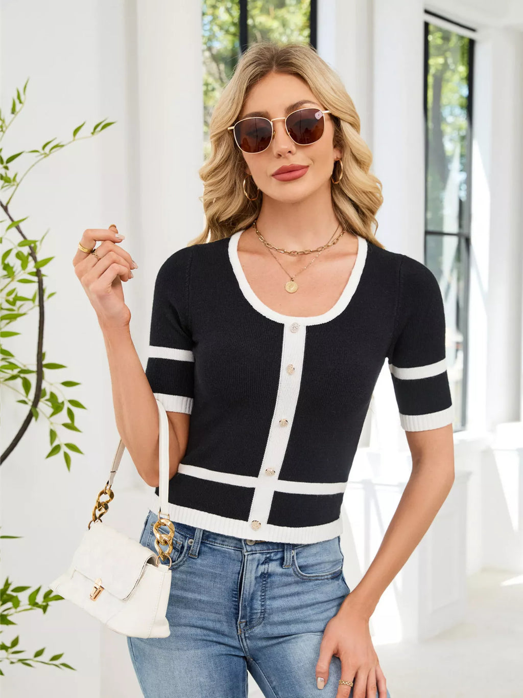 Button Decor Contrast Trim Sweater