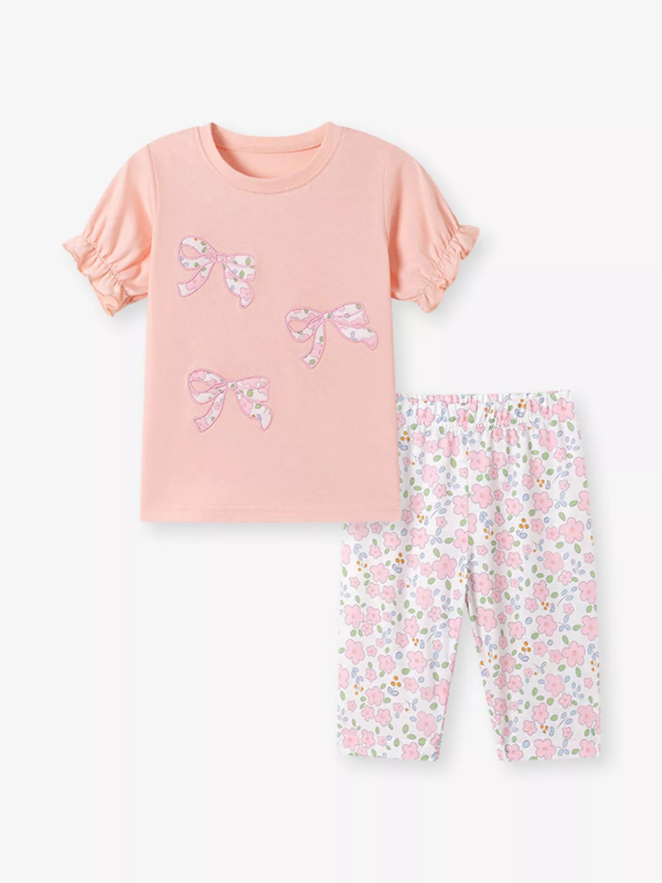Children's Floral Bowknot Ruffle Sleeve Top & Cropped Pants Set