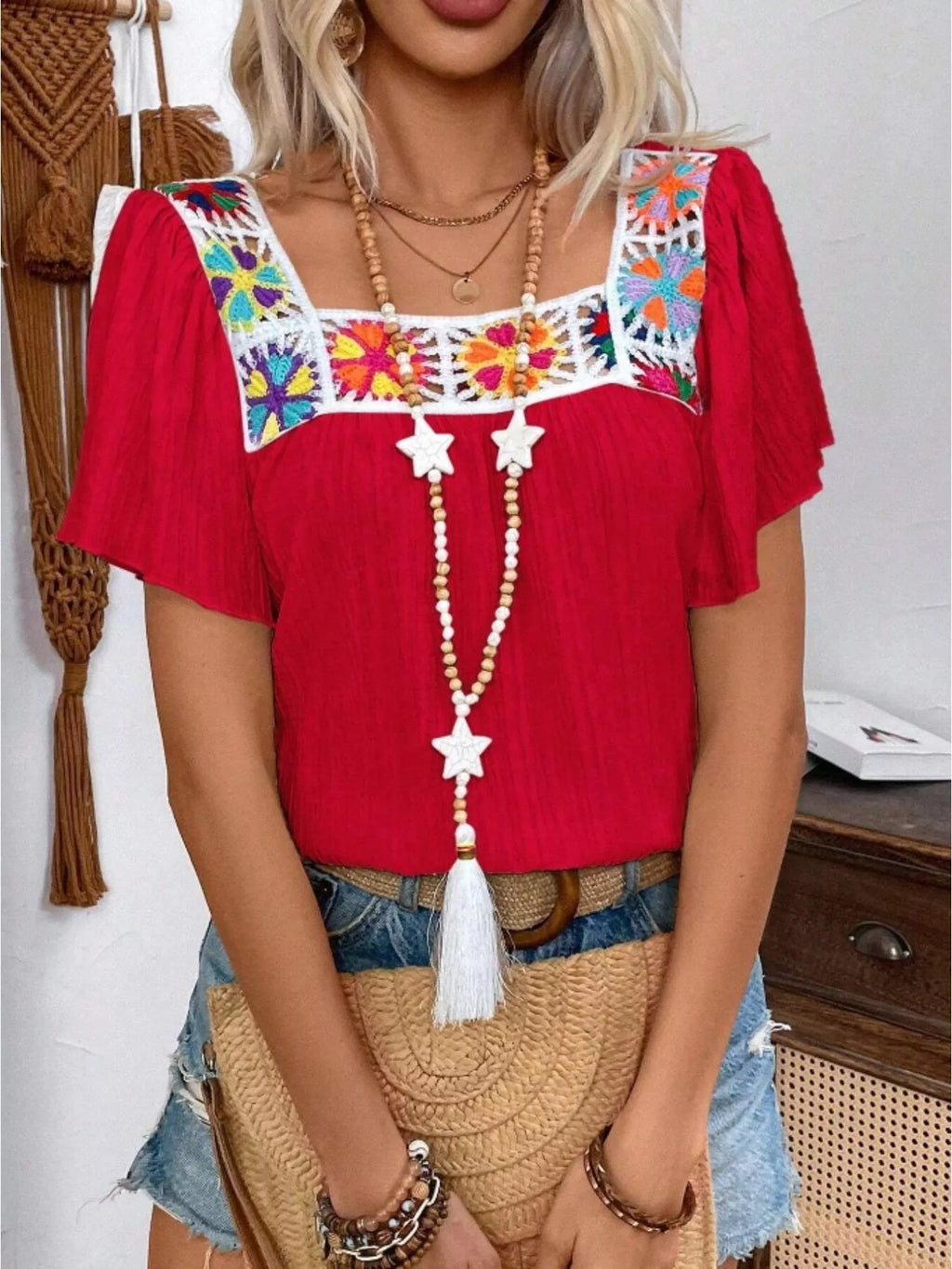 Embroidered Square Neck Flutter Sleeve Blouse