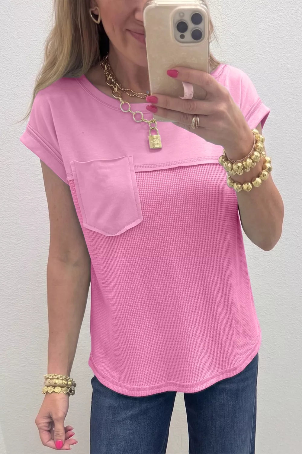 Solid Color Raw Seam Waffled Patchwork Casual T Shirt