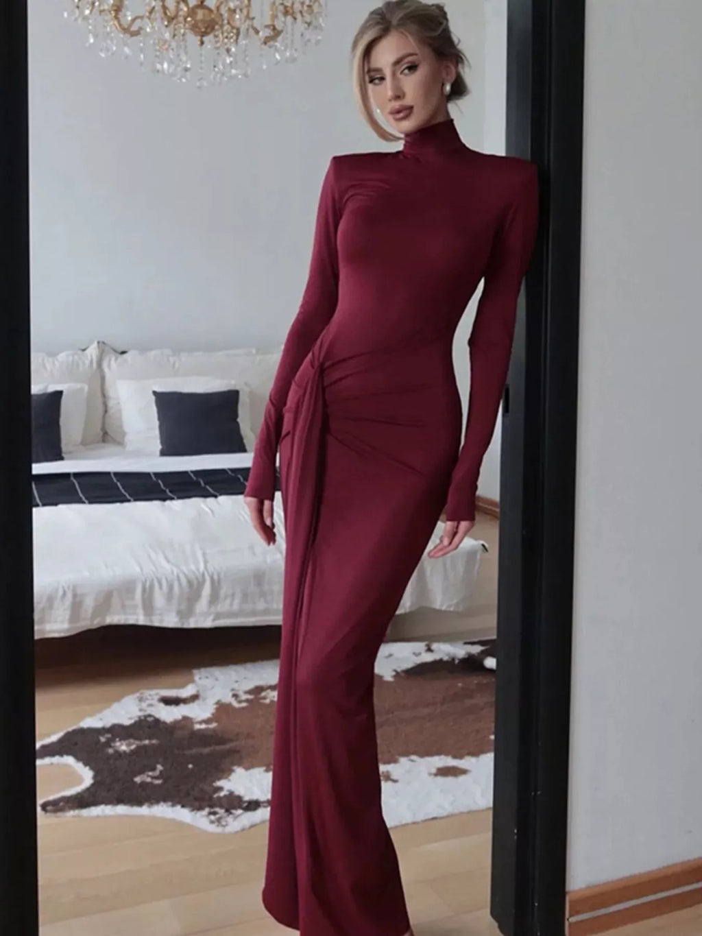 Turtleneck Long Sleeve Tie Waist Maxi Dress