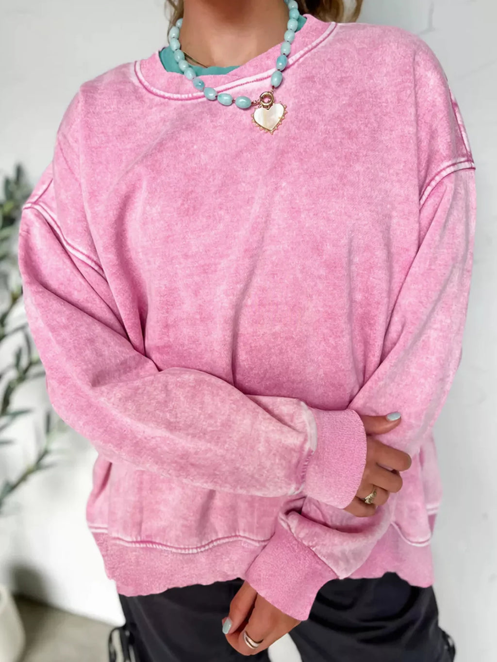 Mineral Wash Crossed Crew Neck Drop Shoulder Loose Sweatshirt