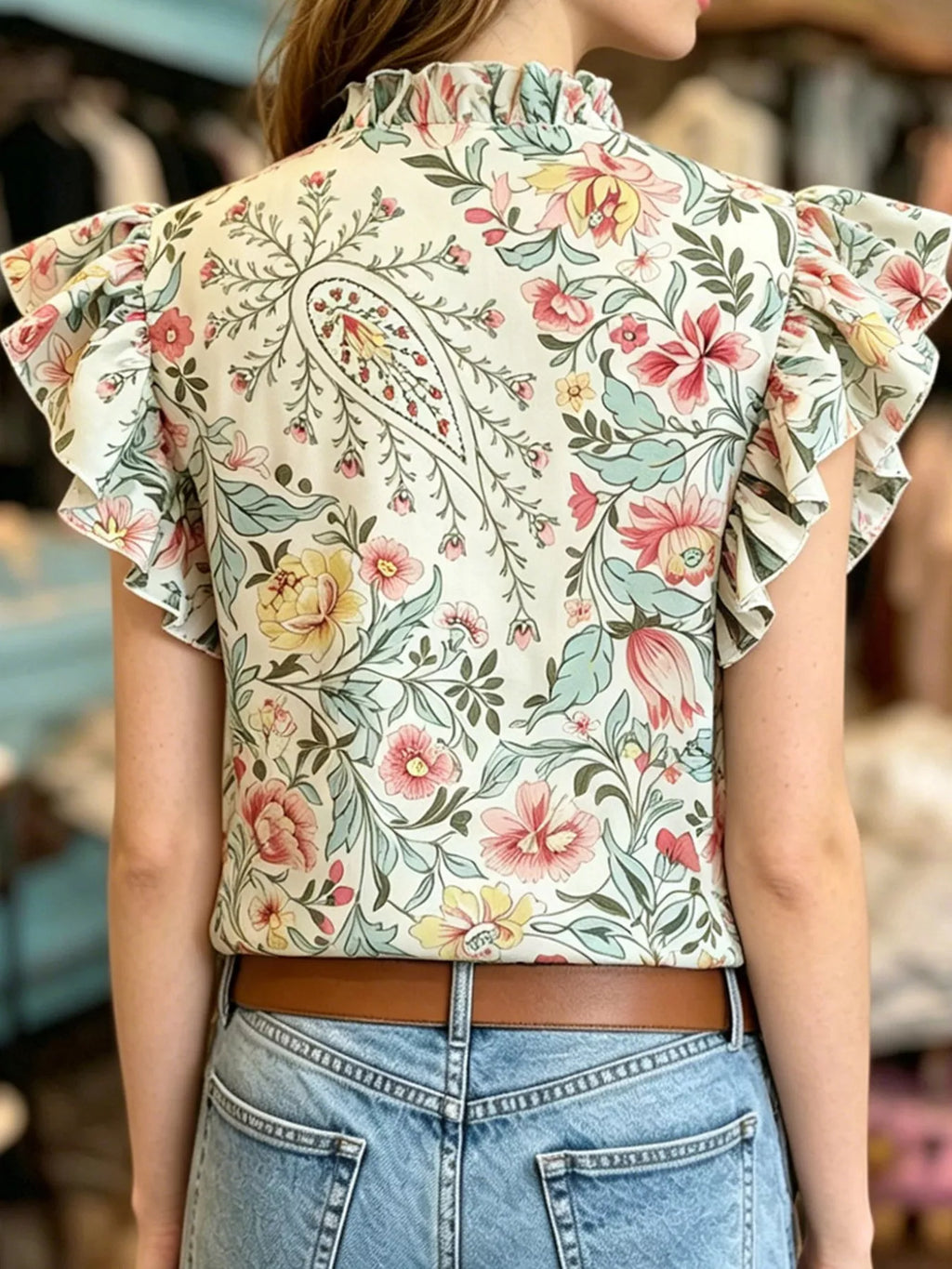 Printed Ruffle Sleeve Blouse