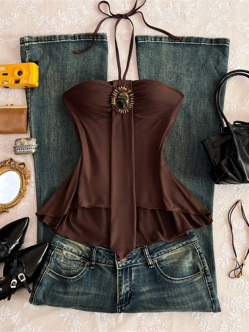 Embellished Front Halter Neck Cami