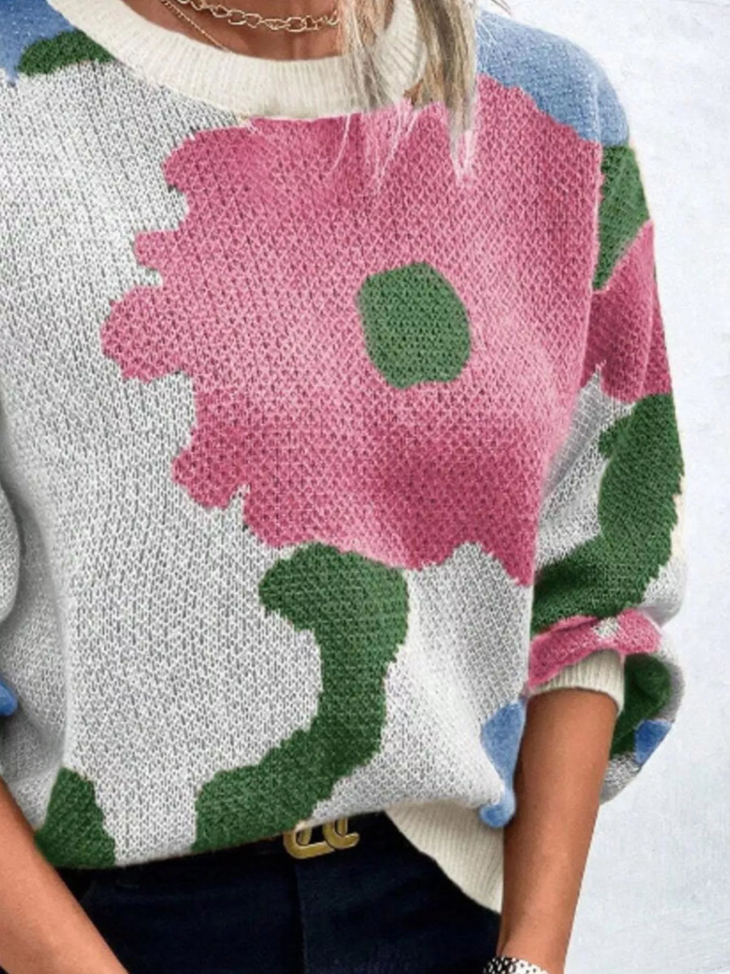 Floral Pattern Round Neck Sweater