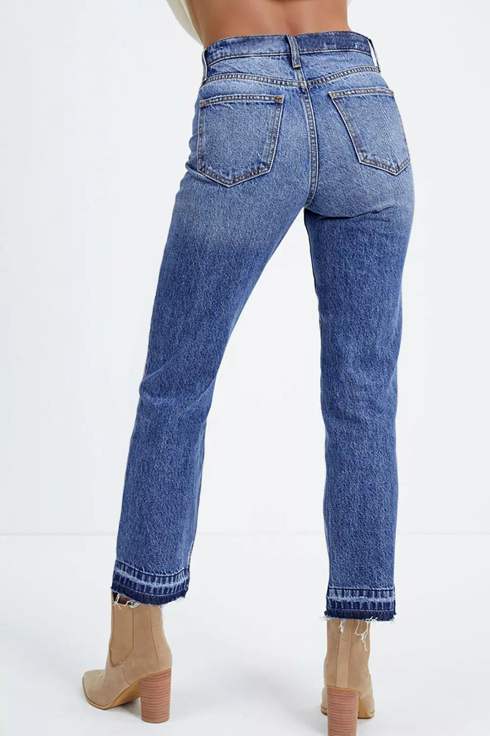 Whiskered Wash Raw Hem Cropped Jeans