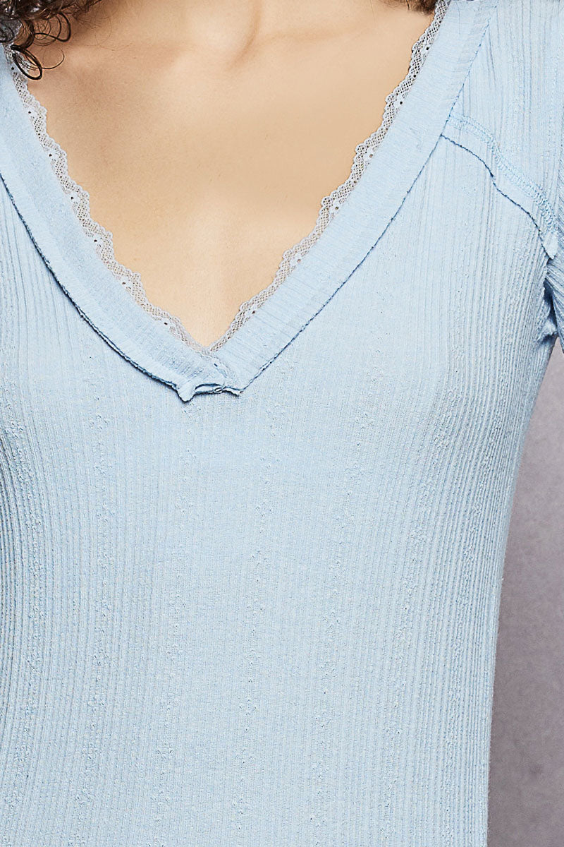 POL V-Neck Long Sleeve Ribbed Top with Lace-Accent Neckband