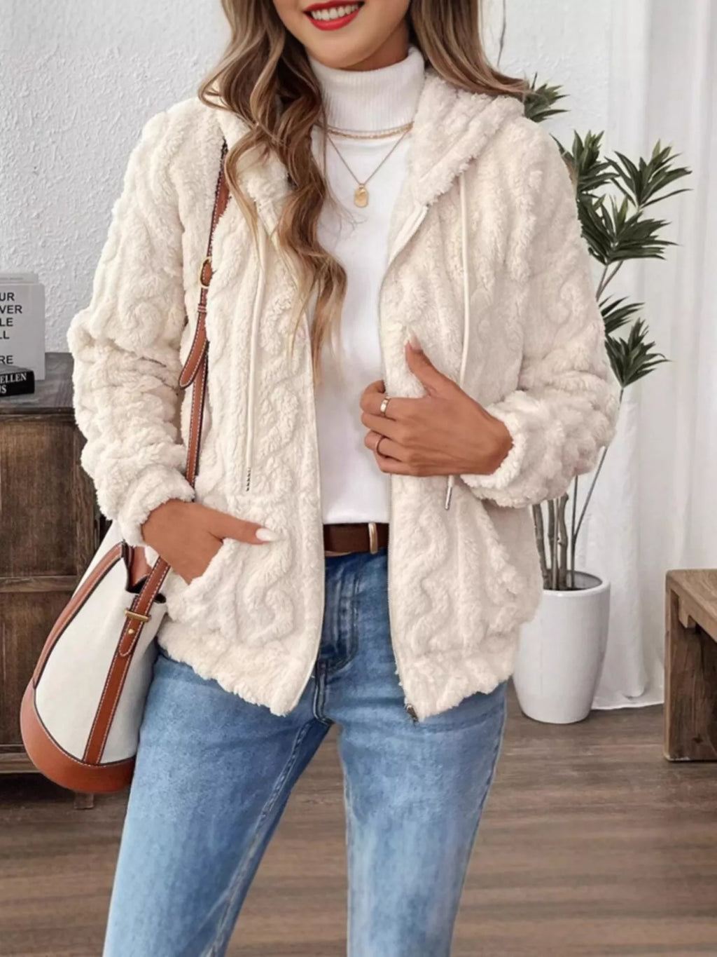 Drawstring Zip-Up Fleece Hooded Outerwear