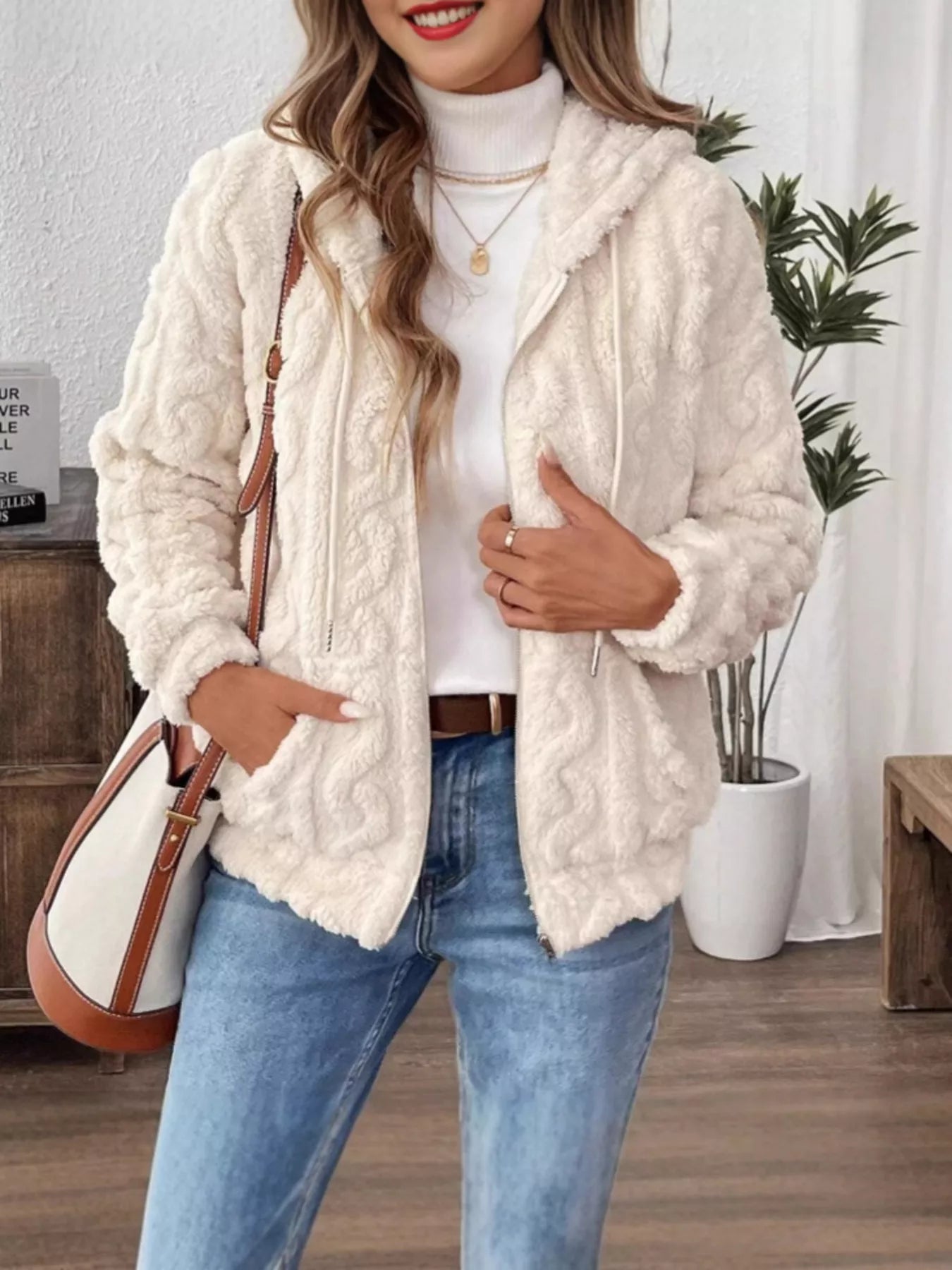 Drawstring Zip-Up Fleece Hooded Outerwear