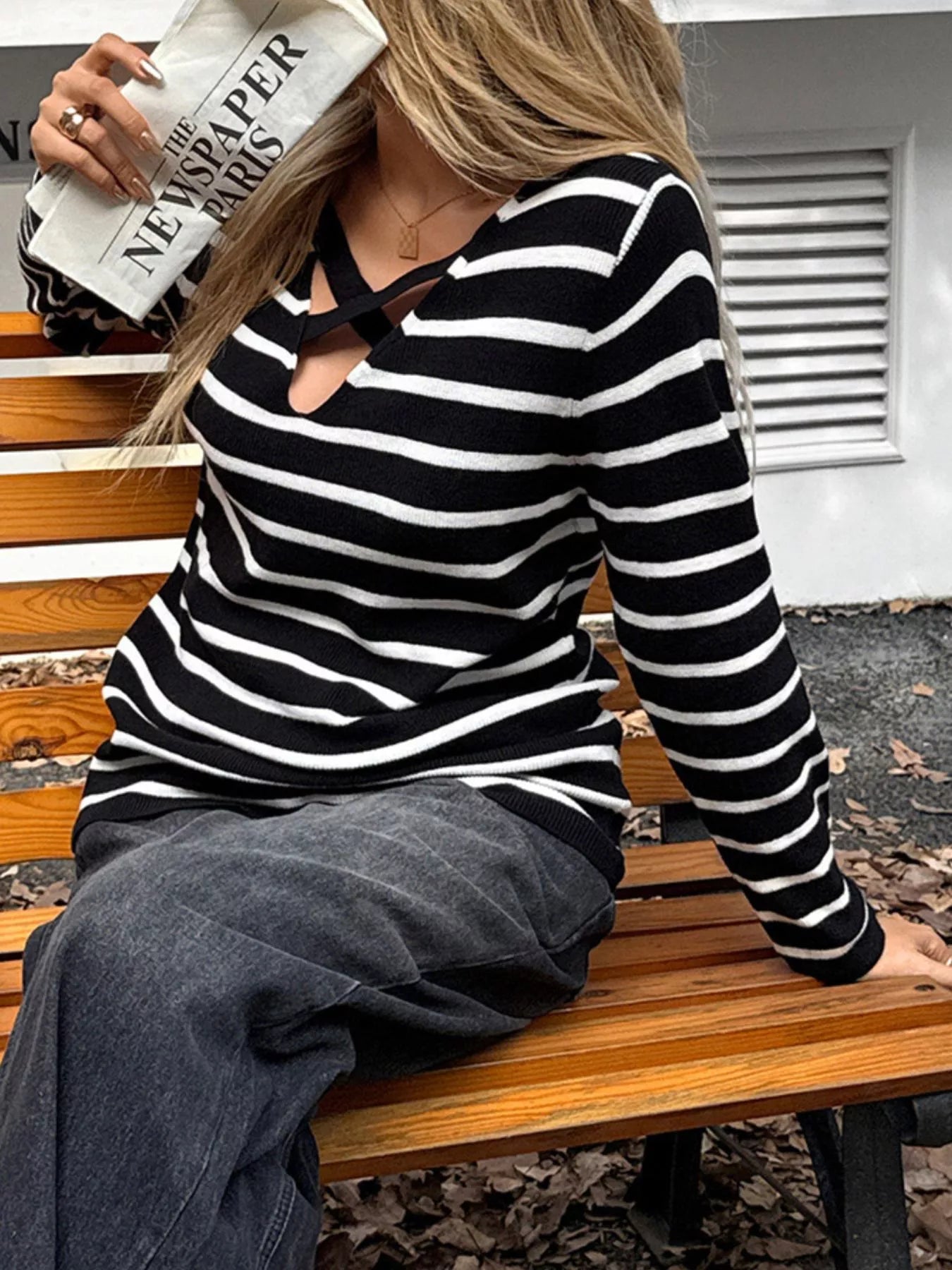 Striped Cross Front Long Sleeve Knit Top