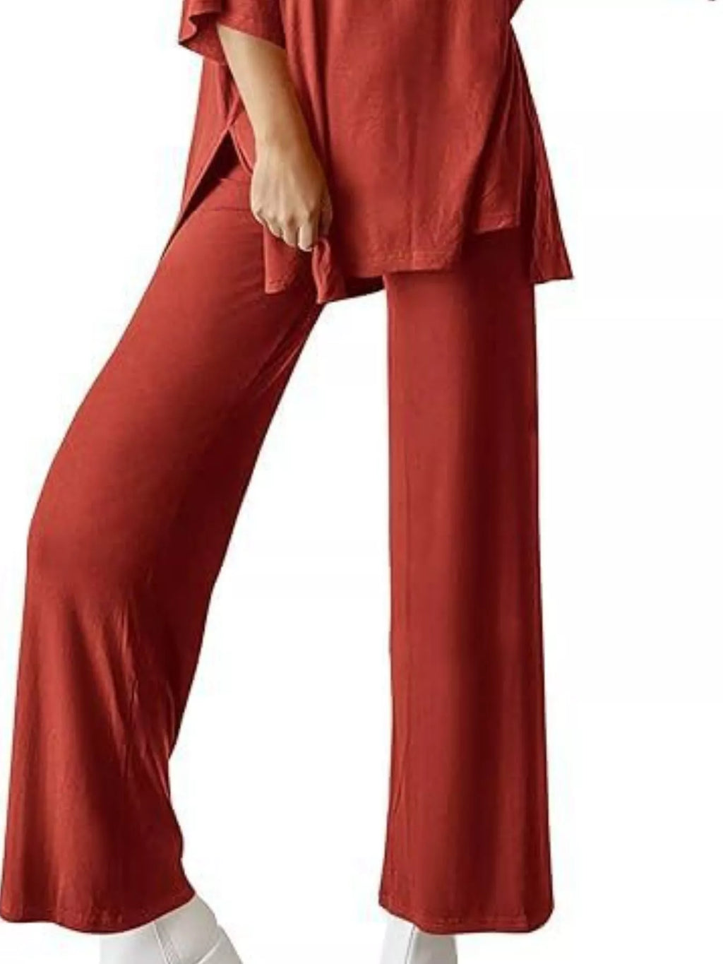 Slit Round Neck Top and Pants Set
