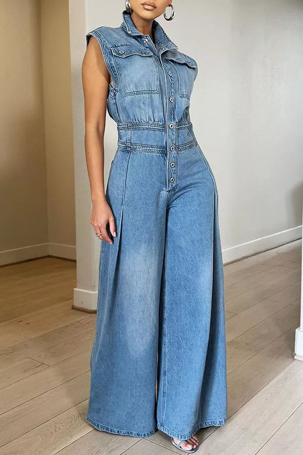 Sleeveless Wide-Leg Denim Jumpsuit with Button-Front
