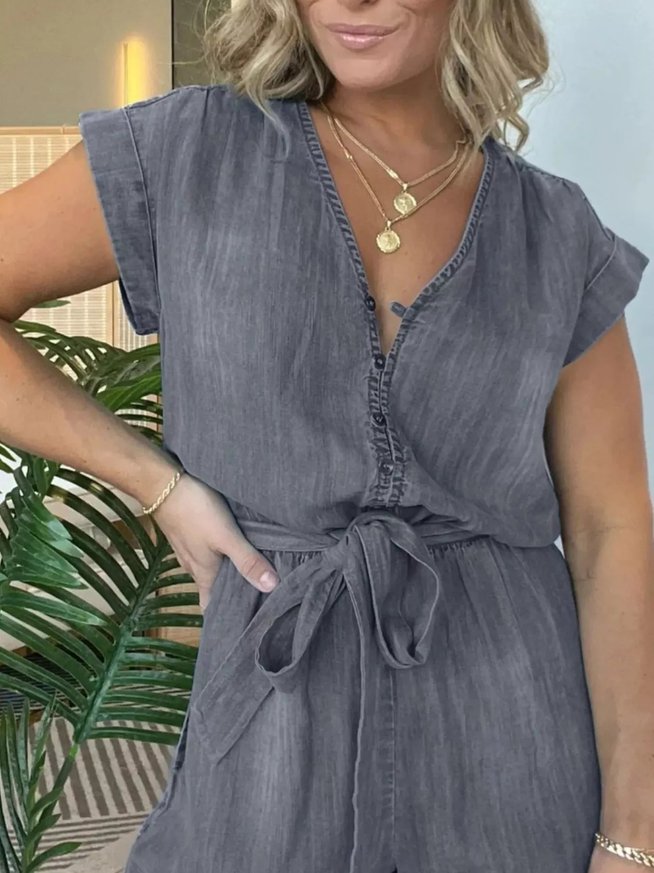 Full Size Tie Waist Cap Sleeve Romper Plus Size