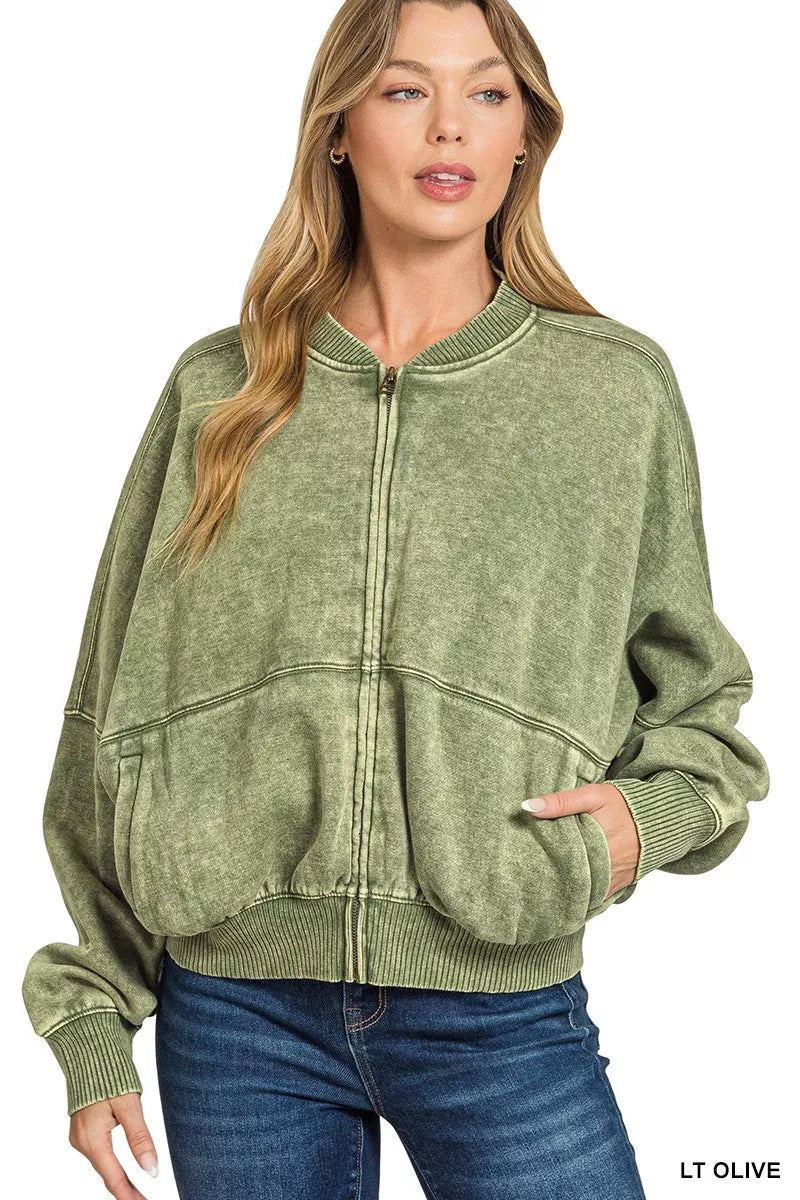 Zenana Acid Washed Fleece Jacket