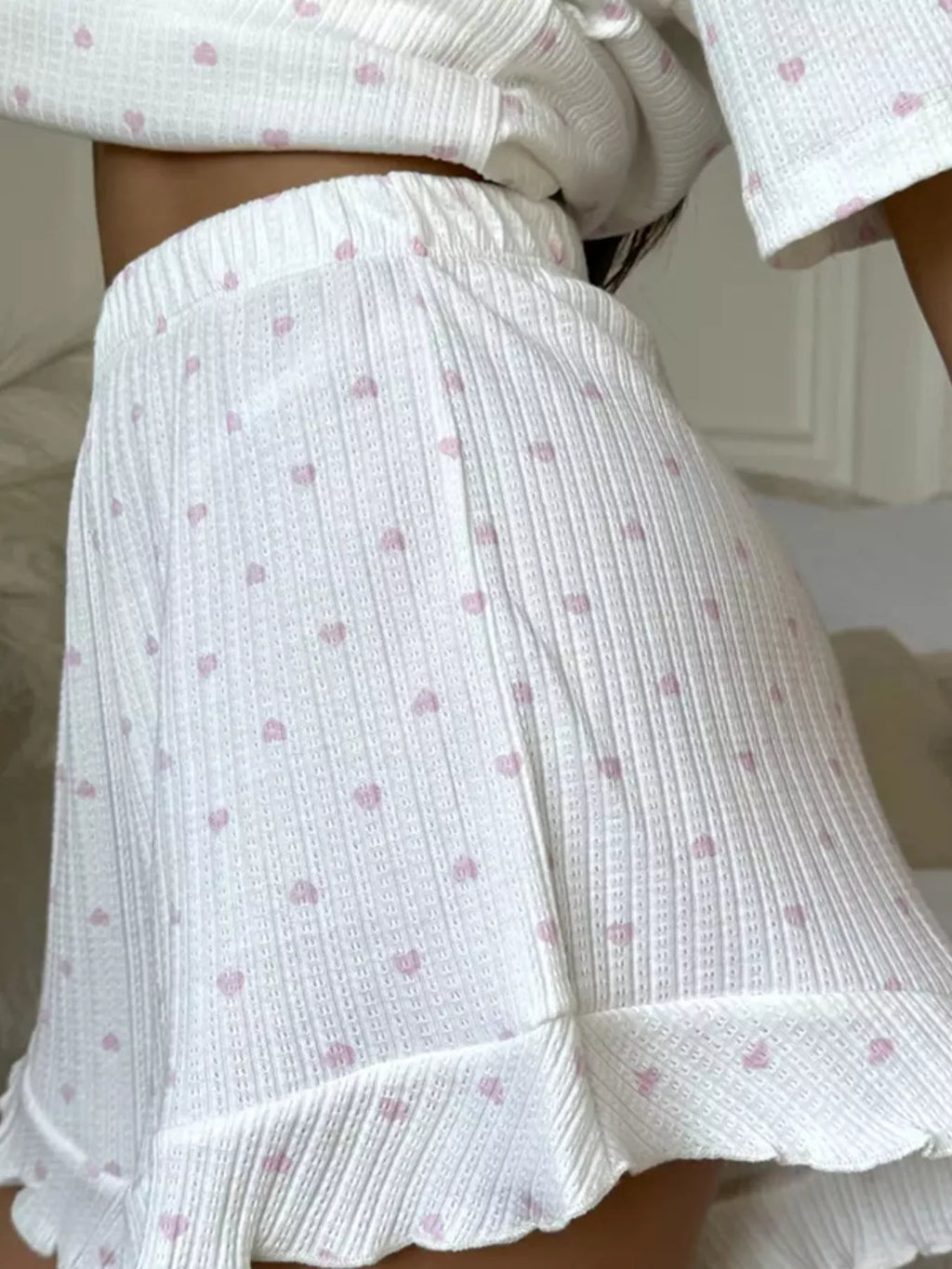 Heart Print Casual Top and Shorts Lounge Set