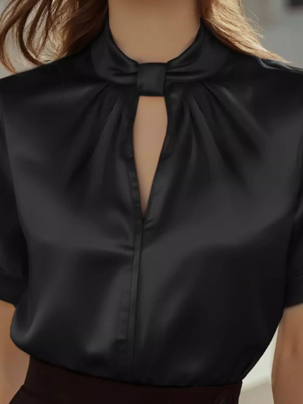 Satin Keyhole Short Sleeve Blouse
