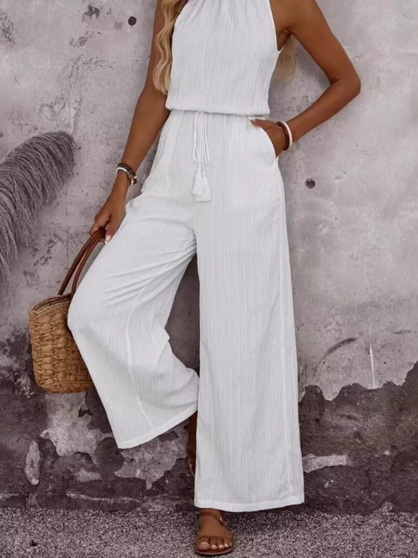 Full Size Tassel Sleeveless Wide Leg Jumpsuit Plus Size