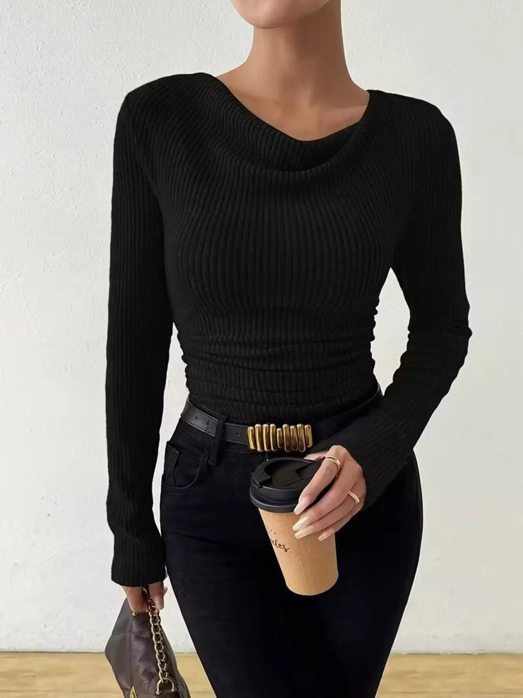 Cowl Neck Ribbed Knit Top